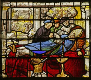 Vetrata raffigurante Scena della vita di San Claudio: Morte del Santo e Trasferimento delle sue Reliquie